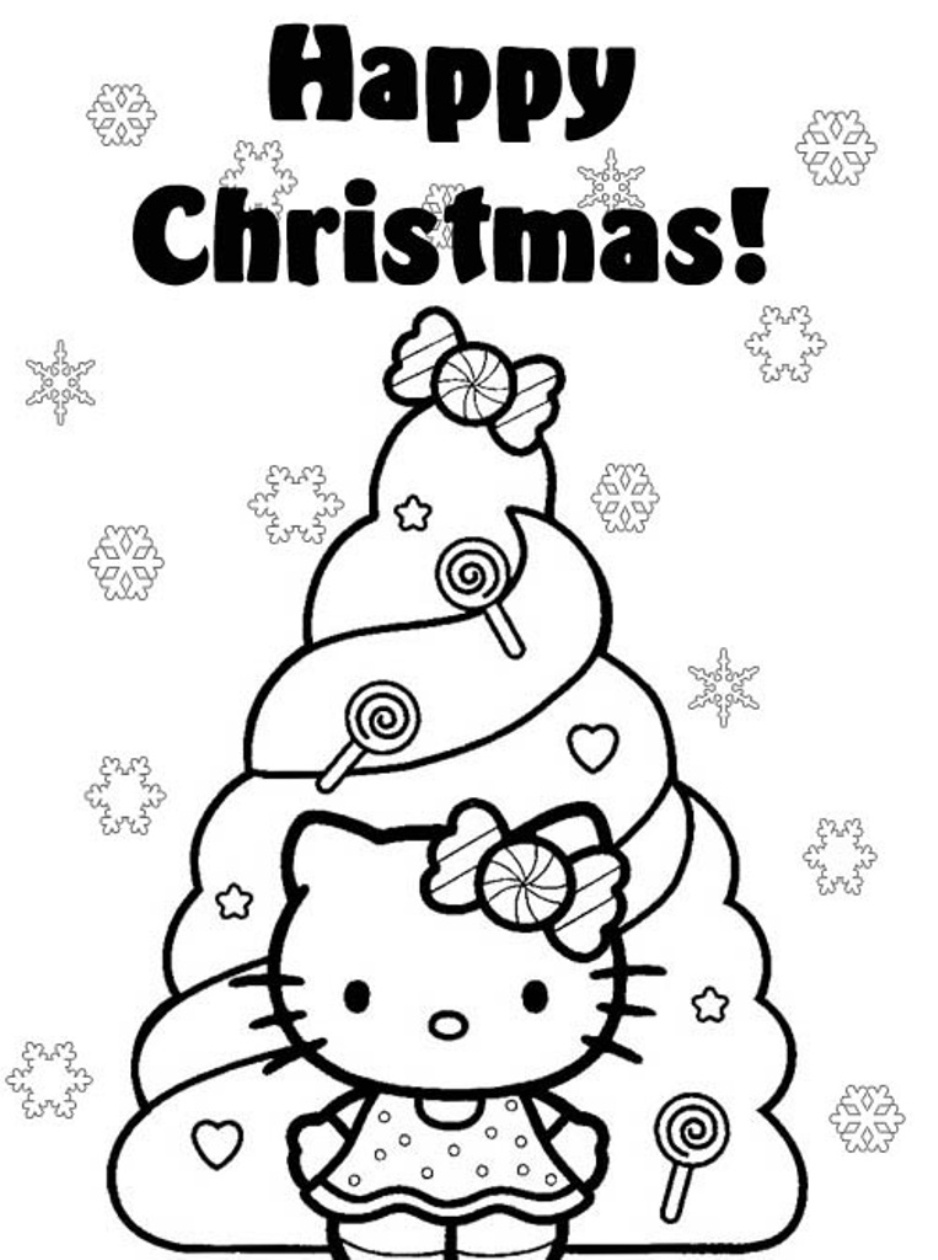Happy Christmas Hello Kitty S Christmas Tree Coloring Page