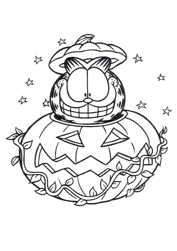 Happy Garfield In Halloween Pumpkin Coloring Page