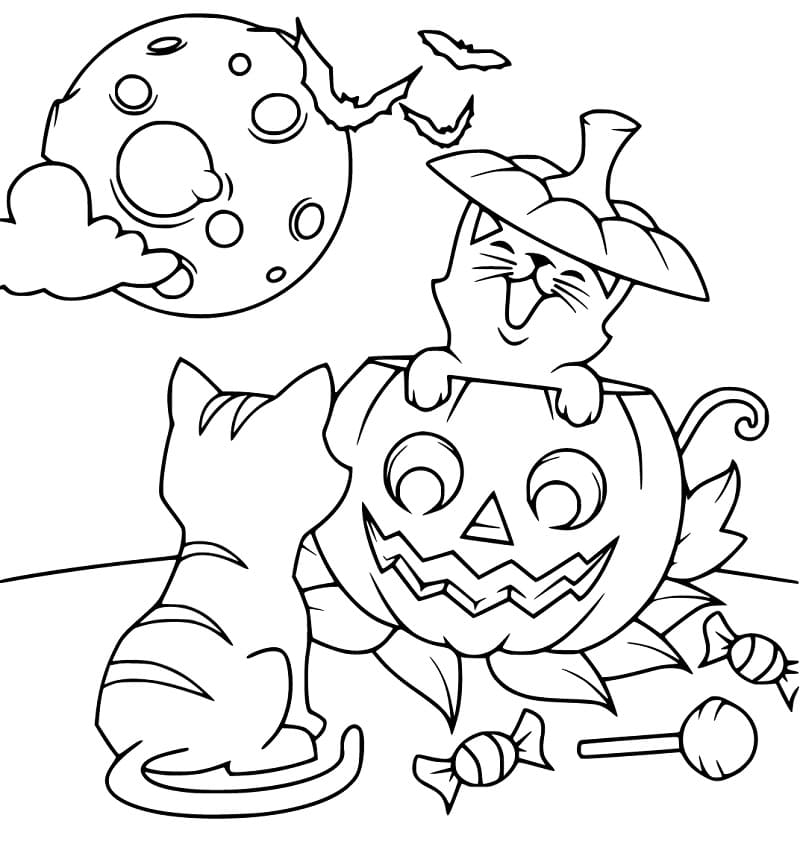 Happy Halloween Cats Coloring Page