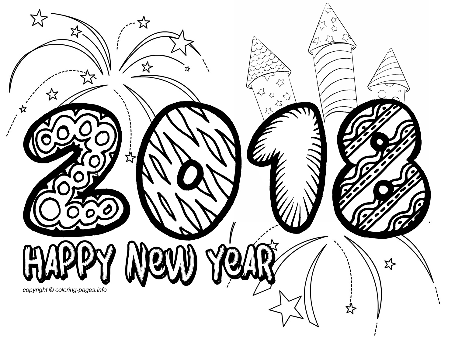Happy New Year 2018 Doodle Coloring Page
