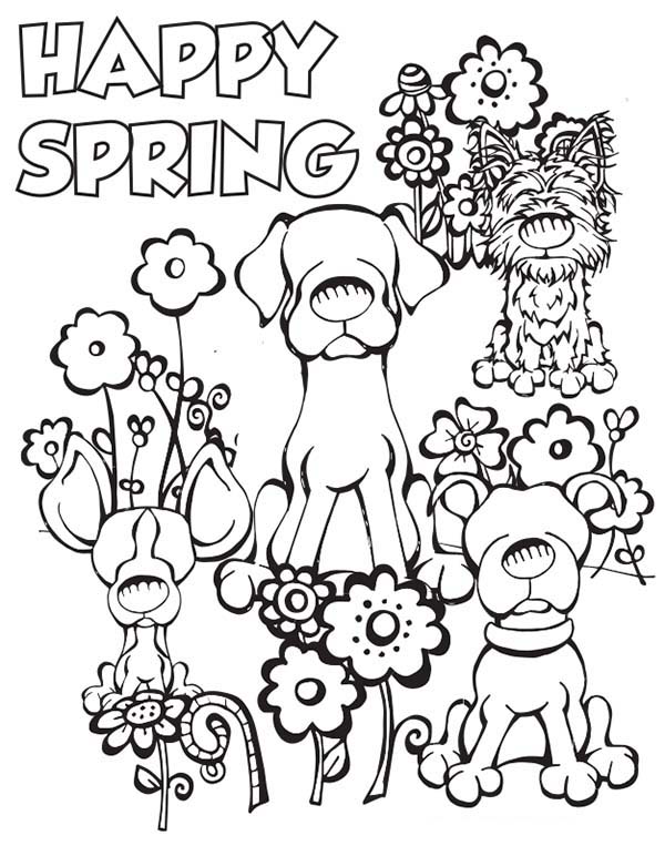 Happy Spring Dogs Coloring Page