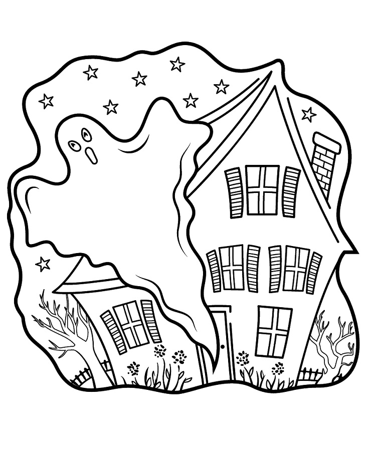 Haunted Houses with Ghost Coloring Page