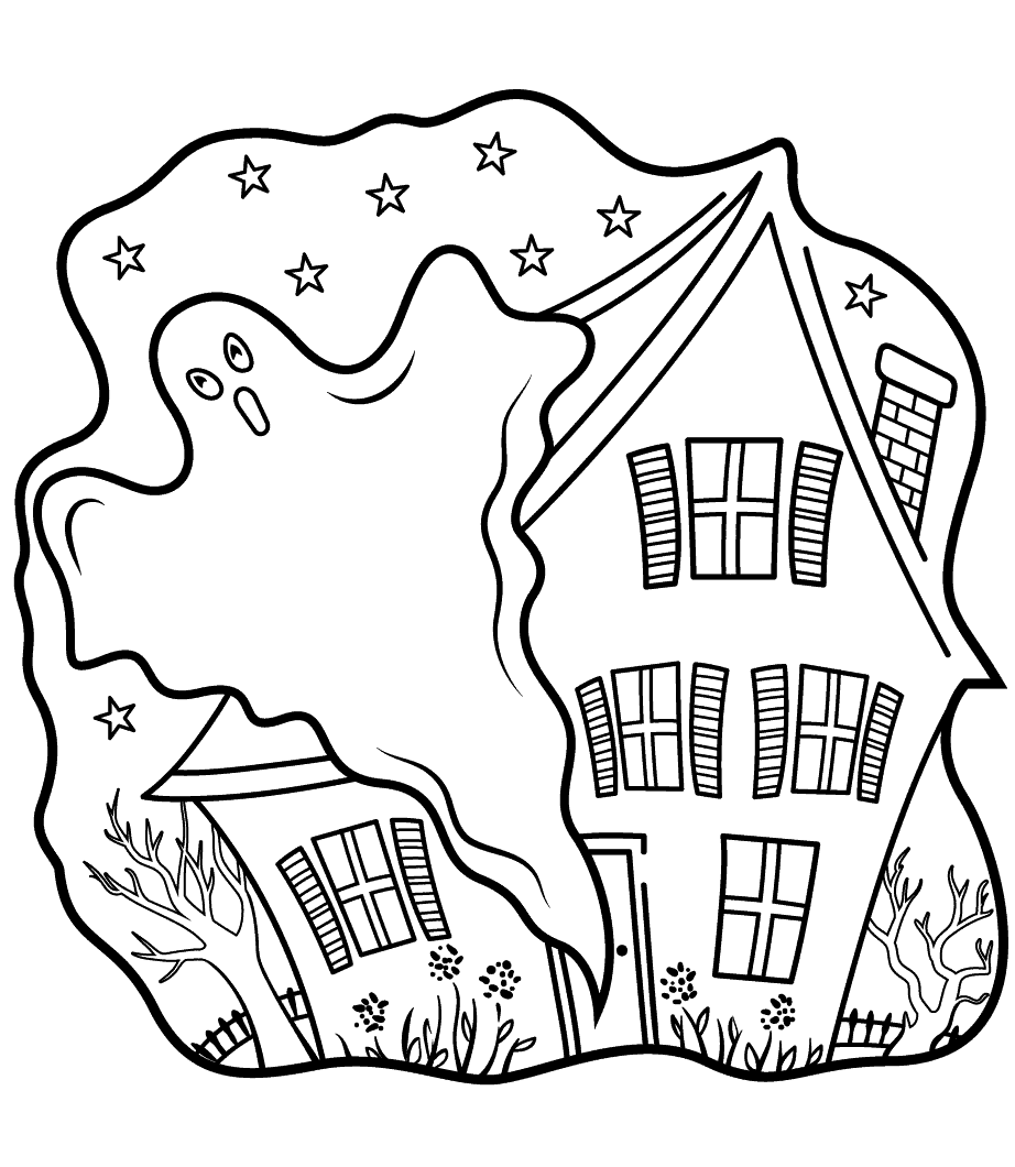Haunted Houses With Ghost Halloween Coloring Page