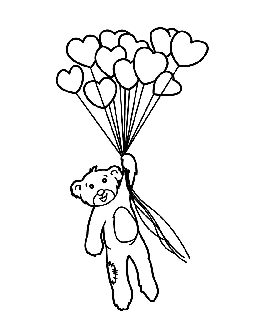 Heart and Bear Balloons Coloring Page
