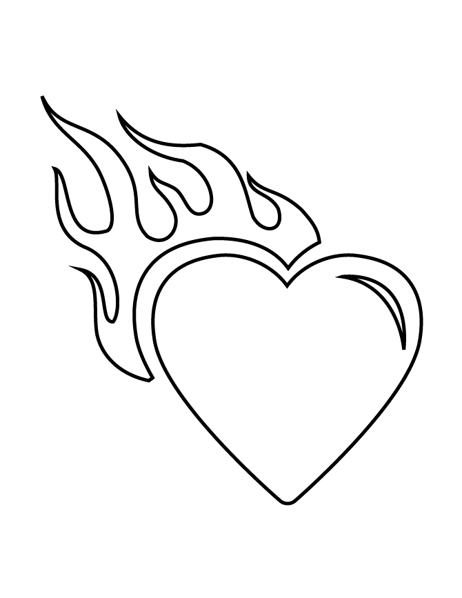 Heart With Flames Stencil Coloring Page