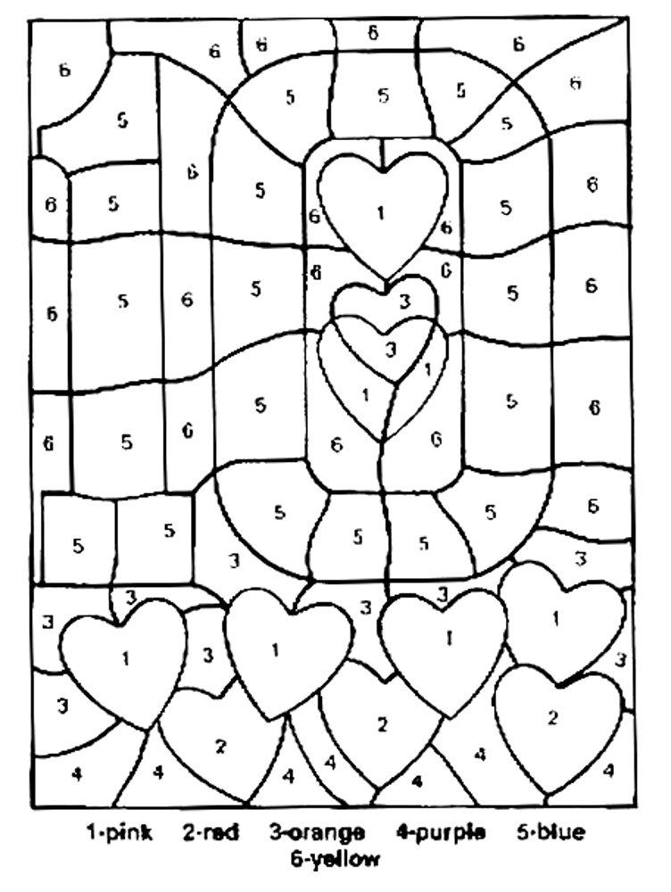 Hearts Color by Number Kindergarten Coloring Page