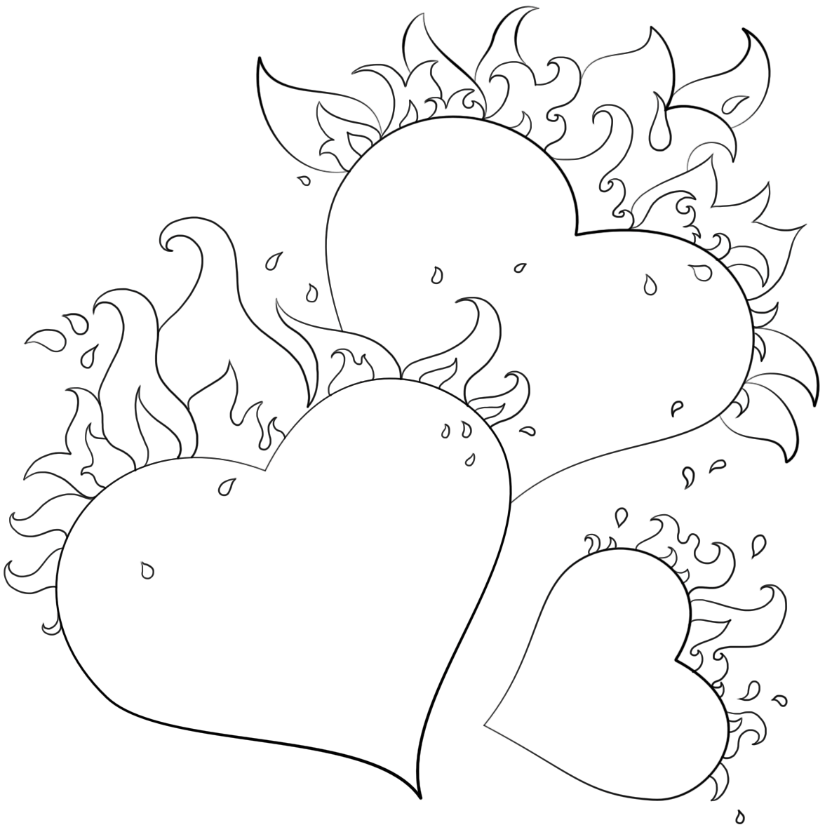 Hearts With Flames Coloring Page