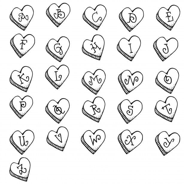 Hearts with Letters Aestheic Coloring Page