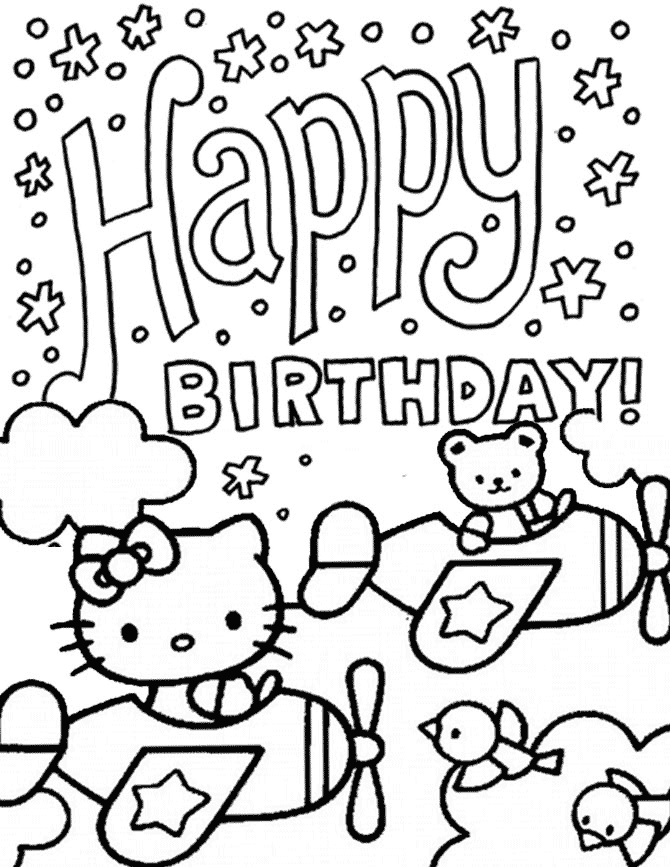 Hello Kitty And Bear Driving Plane Birthday Coloring Page