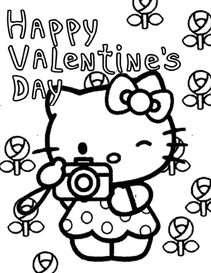 Hello Kitty And Flowers Valentines Coloring Page