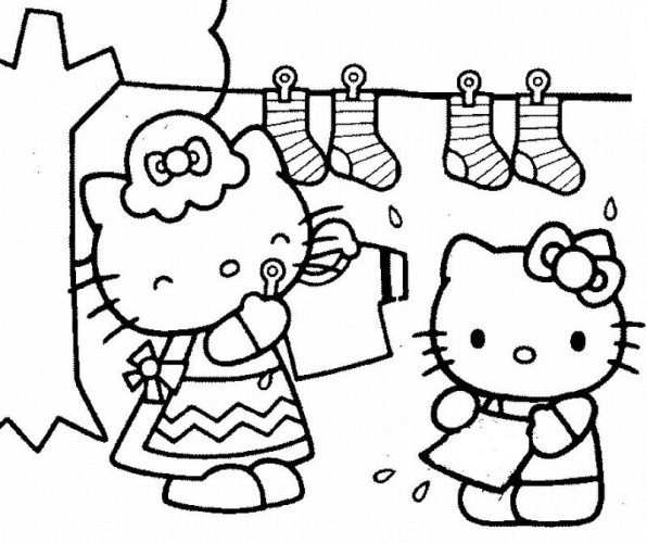 Hello Kitty Doing Laundry Coloring Page