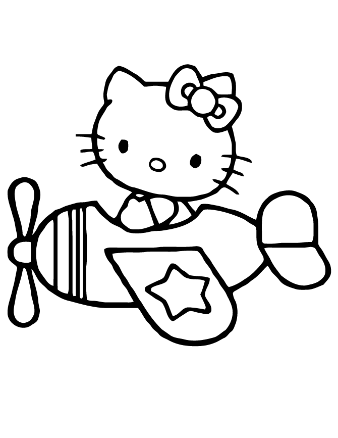 Hello Kitty Flying Airplane Coloring Page