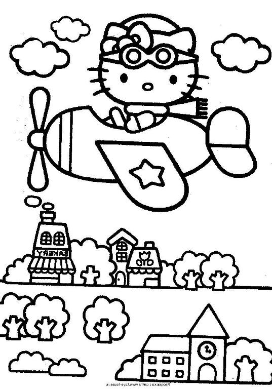 Hello Kitty Flying On A City Coloring Page