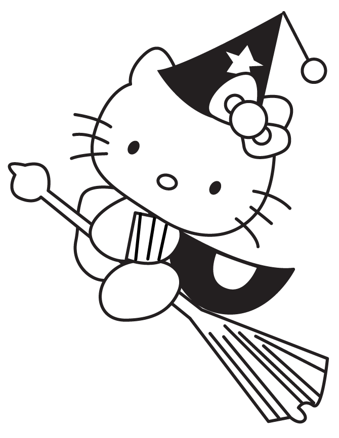 Hello Kitty Halloween Witch On Broom Coloring Page