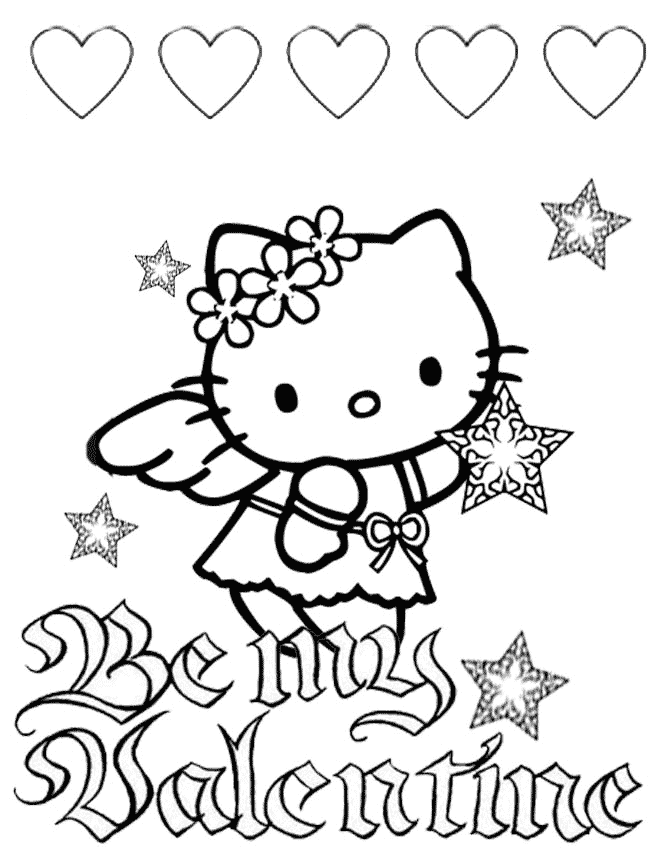 Hello Kitty Hearts And Stars Valentines Coloring Page
