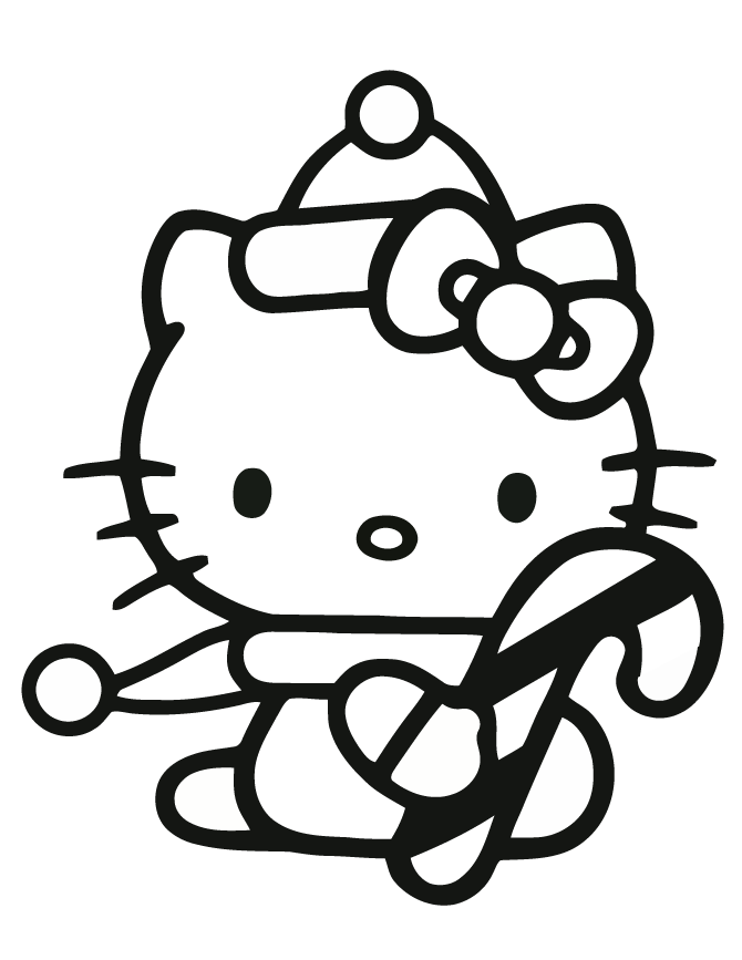Hello Kitty Holding Candy Cane Coloring Page