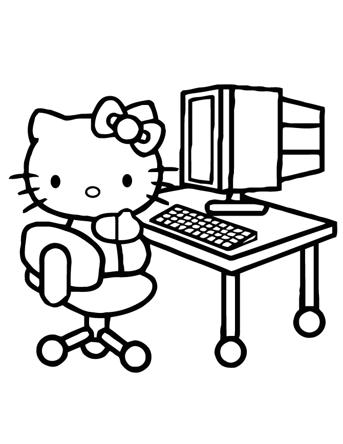 Hello Kitty In Front Of Computer Coloring Page