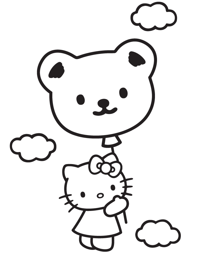 Hello Kitty In Sky With Teddy Bear Balloon Coloring Page