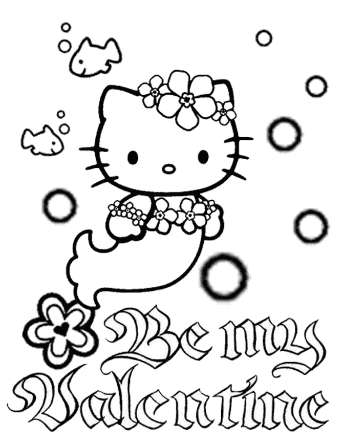 Hello Kitty Mermaid Bubbles And Flower Valentines Coloring Page