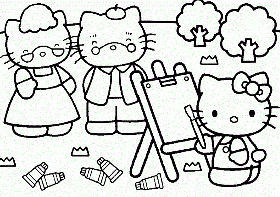 Hello Kitty Painting Her Parents Coloring Page