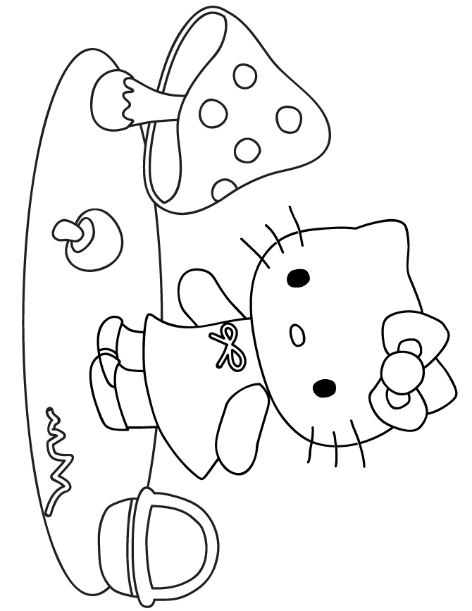 Hello Kitty Picking Mushrooms Coloring Page
