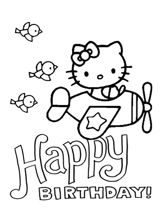 Hello Kitty Plane And Birds Birthday Coloring Page
