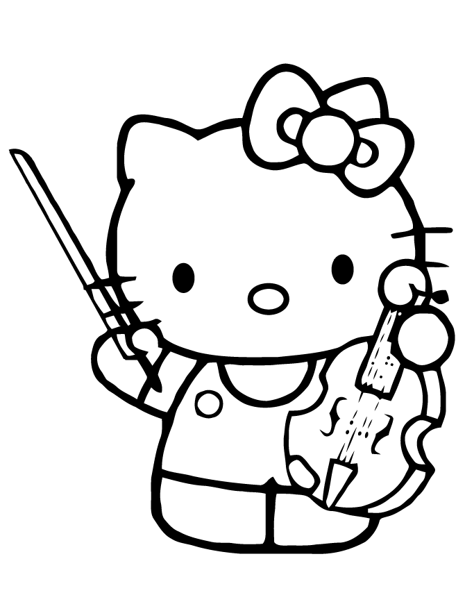 Hello Kitty Playing Violin Instrument Coloring Page