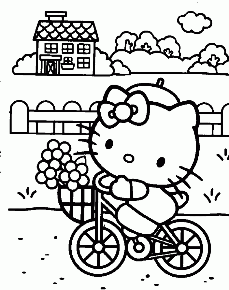 Hello Kitty Riding Bicycle Coloring Page