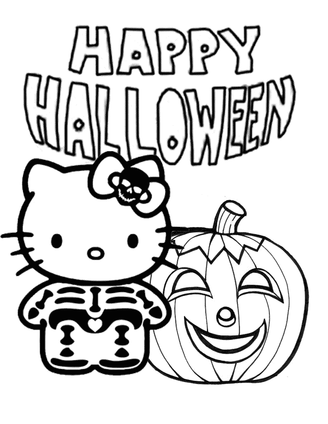 Hello Kitty Skeleton And Pumpkin Halloween Coloring Page