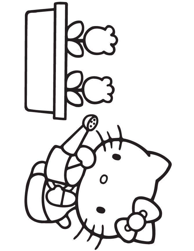 Hello Kitty Watering Flowers Coloring Page
