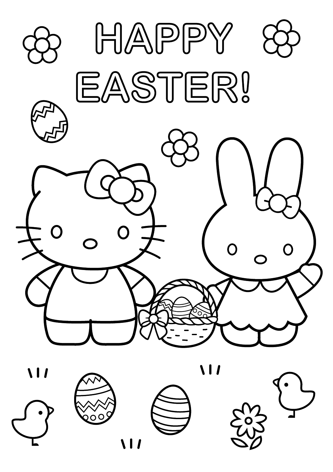 Hello Kitty With Easter Bunny Coloring Page