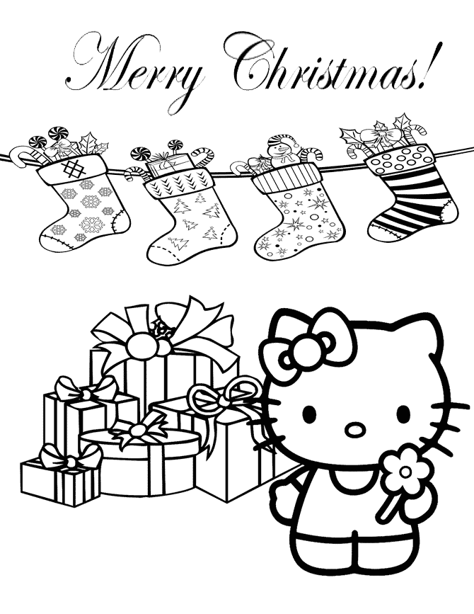 Hello Kitty With Gifts And Christmas Stockings Coloring Page