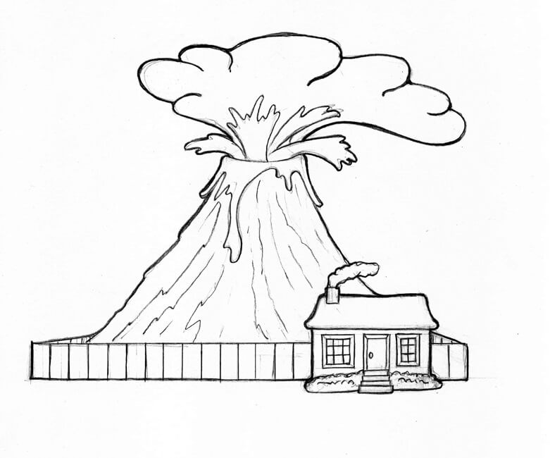 House and Volcano Coloring Page