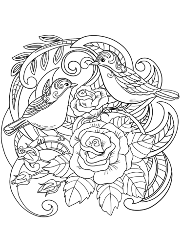 House Sparrow On Flowers Coloring Page