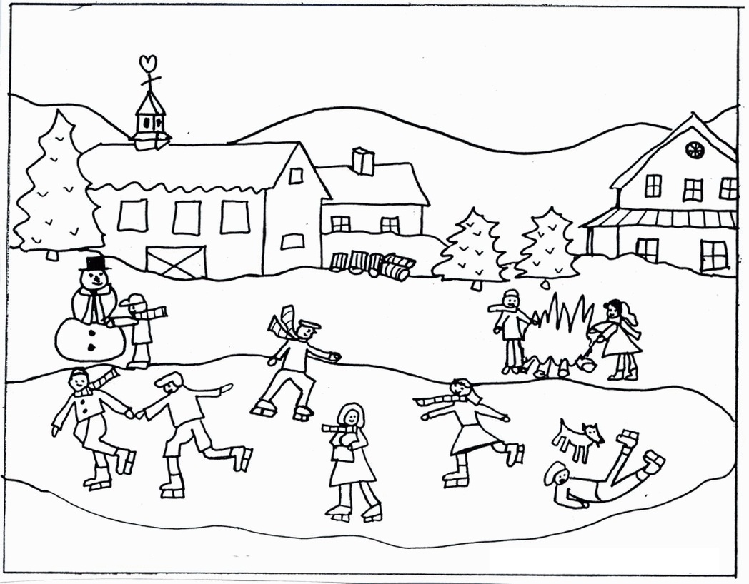 Ice Skating Winter Scene Coloring Page