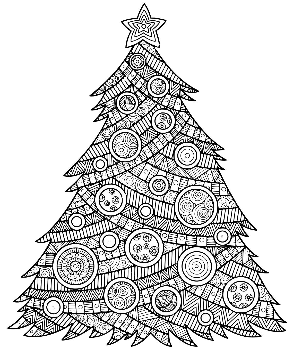 Illustration For Adults Christmas Tree With Christmas Balls And A Star Pattern