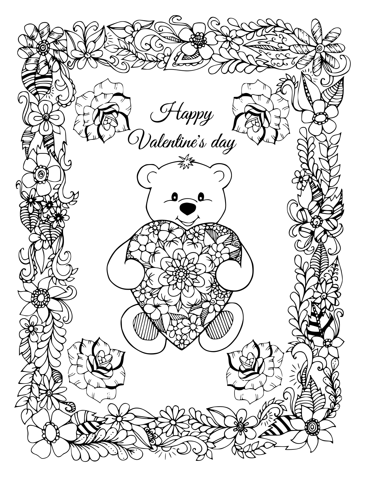 Illustration Valentines A Teddy Bear With A Heart In A Frame From Flowers Coloring Page
