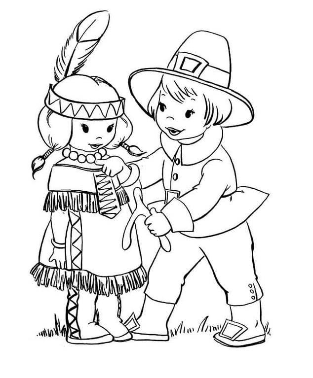 Indian and Pilgrim Kids Coloring Page
