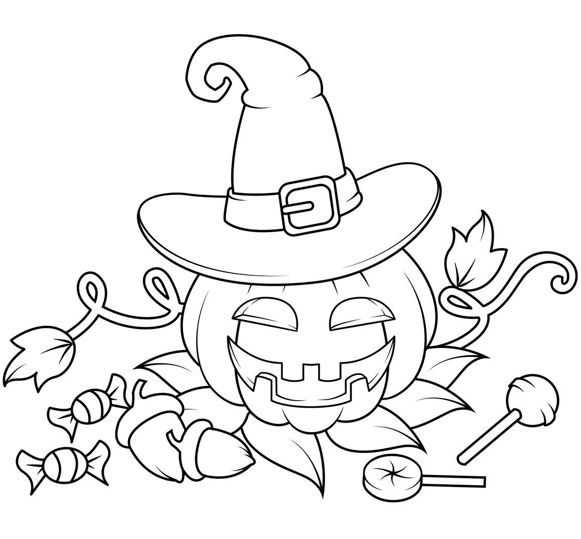 Jack O Lantern In A Witch Hat With Candies Halloween Coloring Page