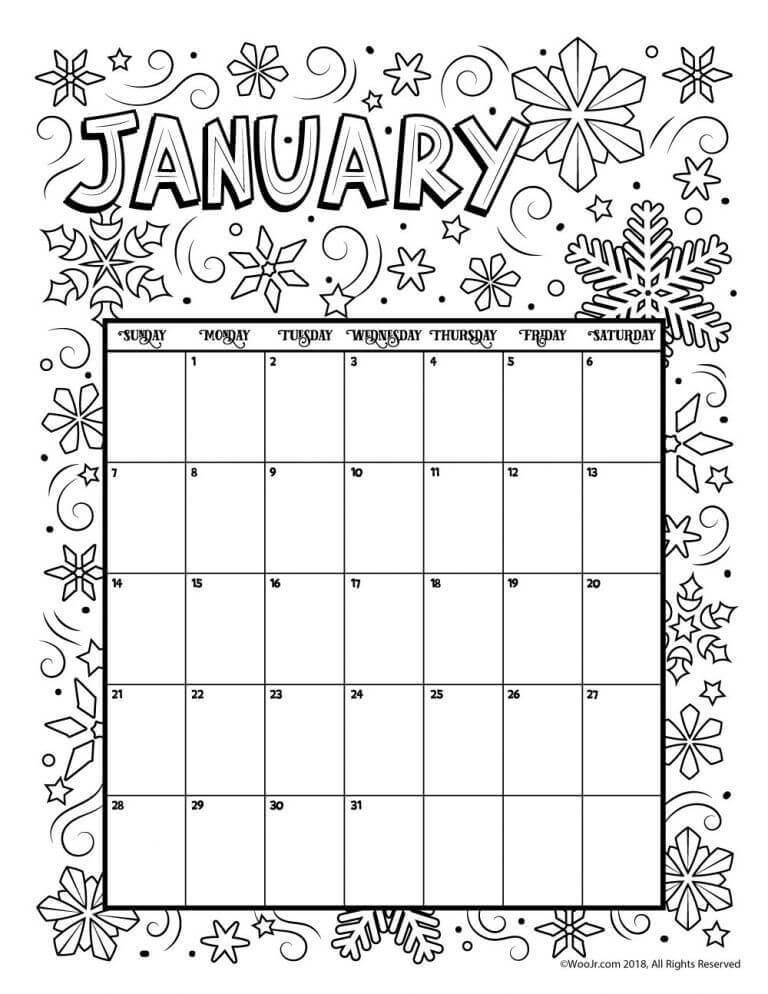 January Coloring Calendar 2019