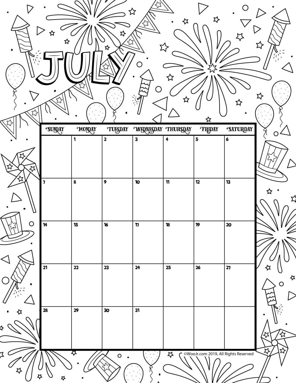 July 2019 Coloring Calendar