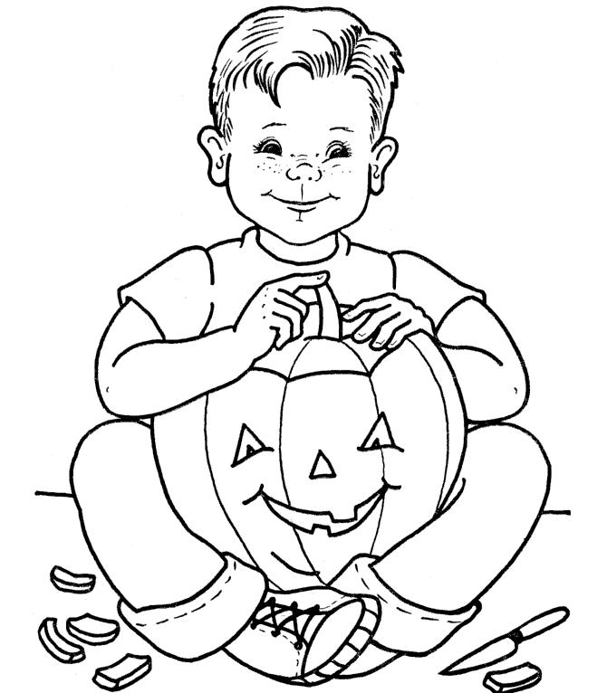 Kid Carving Halloween Pumpkin Coloring Sheets Printable Coloring Page