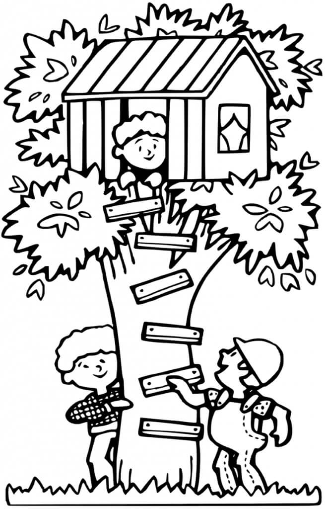 Kids and Treehouse Coloring Page