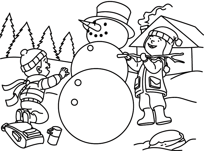 Kids Building A Snowman Coloring Page