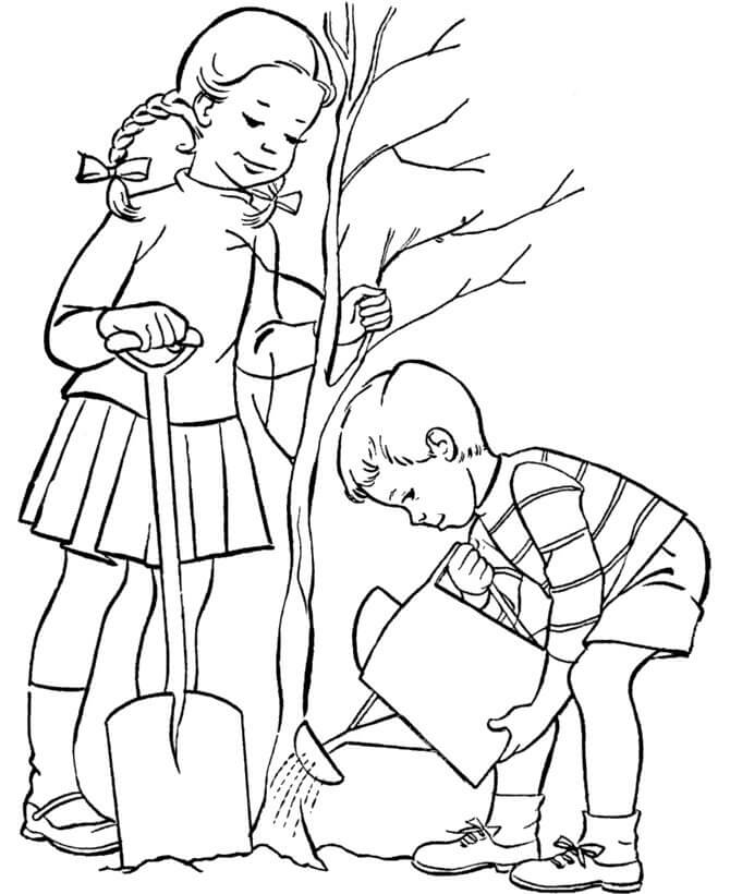Kids Planting a Tree Coloring Page