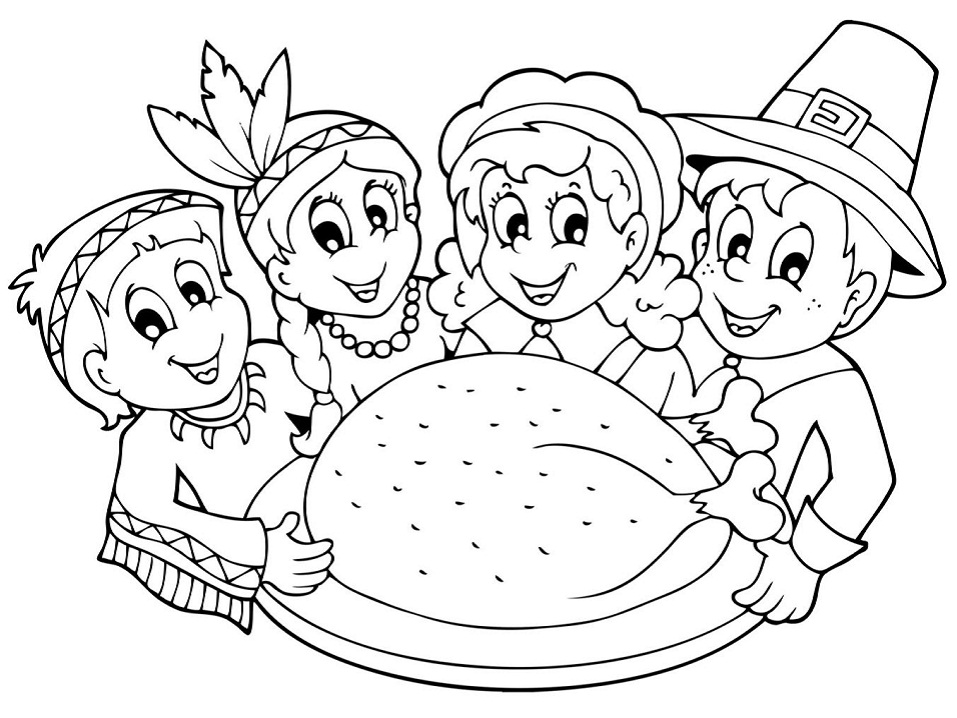 Kids with Big Turkey Coloring Page