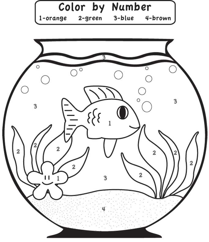 Kindergarten Color by Number Fish Bowl Coloring Page