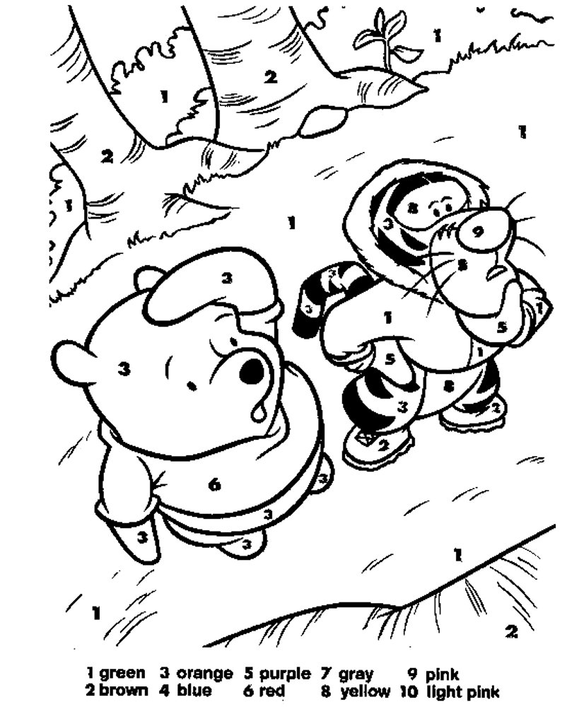 Kindergarten Easy Color by Number Pooh Bear Coloring Page