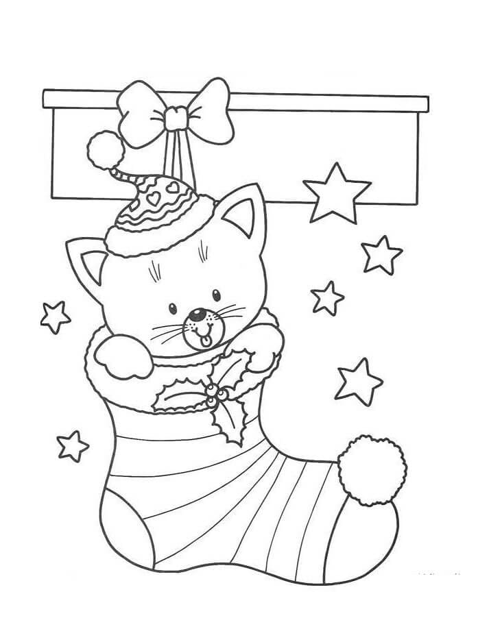 Kitten in Christmas Stocking Coloring Page