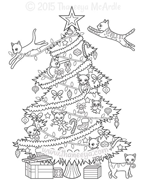 Kitties With Christmas Tree Coloring Page
